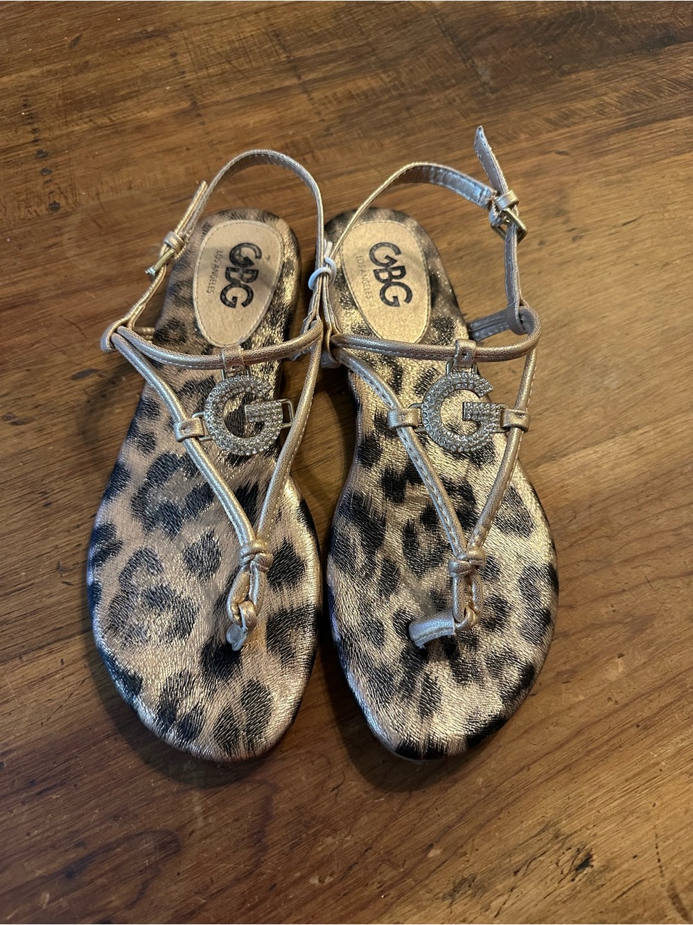 G by Guess Gold T-Strap Sandals with Leopard Footbed